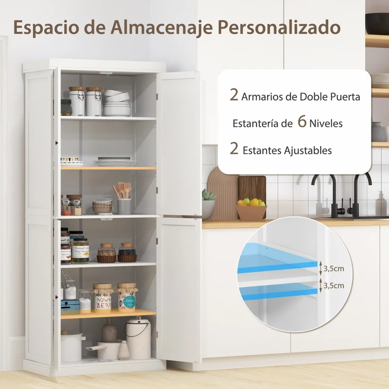 Aparador Alacena com 4 Portas e 6 Prateleiras Armário Madeira 76x40x184,5cm Branco