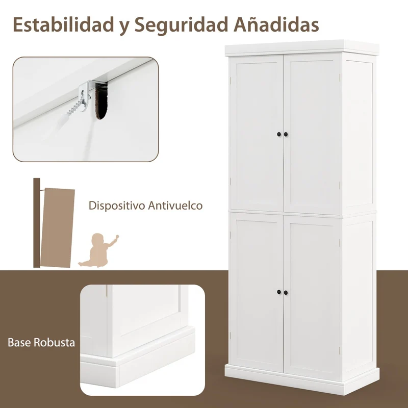 Aparador Alacena com 4 Portas e 6 Prateleiras Armário Madeira 76x40x184,5cm Branco