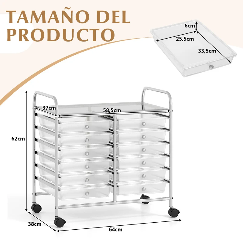 Carrinho de Arrumação com Rodas 12 Gavetas Extraíveis 64 x 38 x 62 cm
