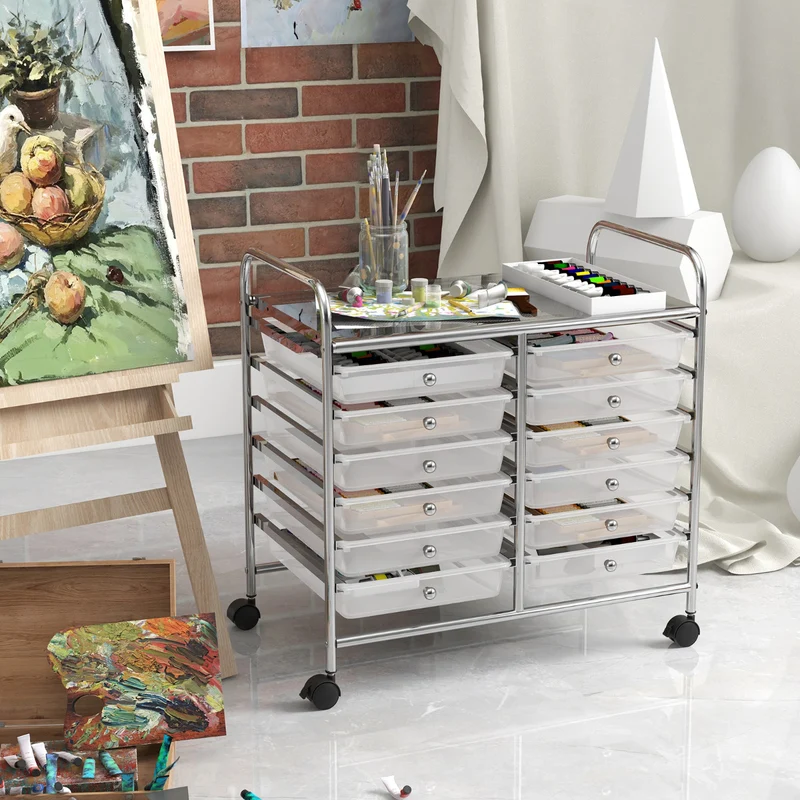 Carrinho de Arrumação com Rodas 12 Gavetas Extraíveis 64 x 38 x 62 cm