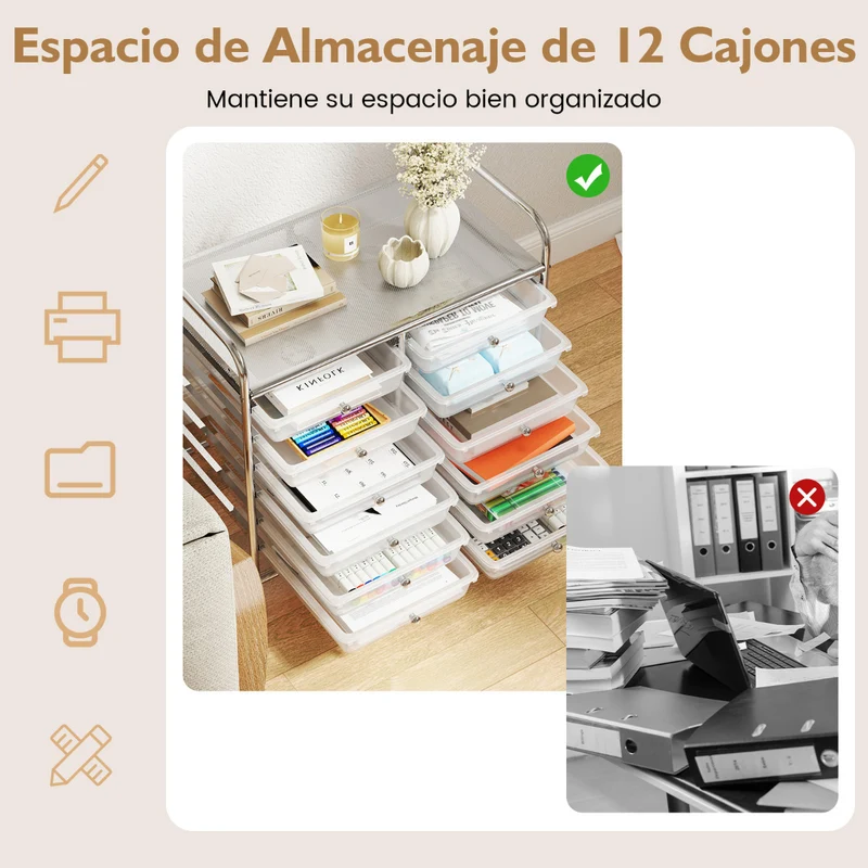 Carrinho de Arrumação com Rodas 12 Gavetas Extraíveis 64 x 38 x 62 cm