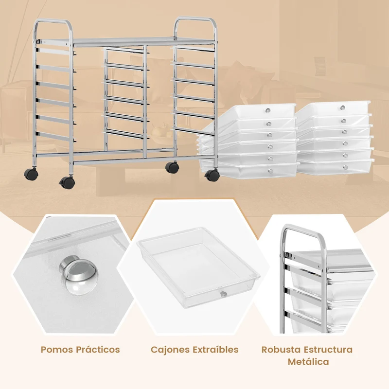 Carrinho de Arrumação com Rodas 12 Gavetas Extraíveis 64 x 38 x 62 cm
