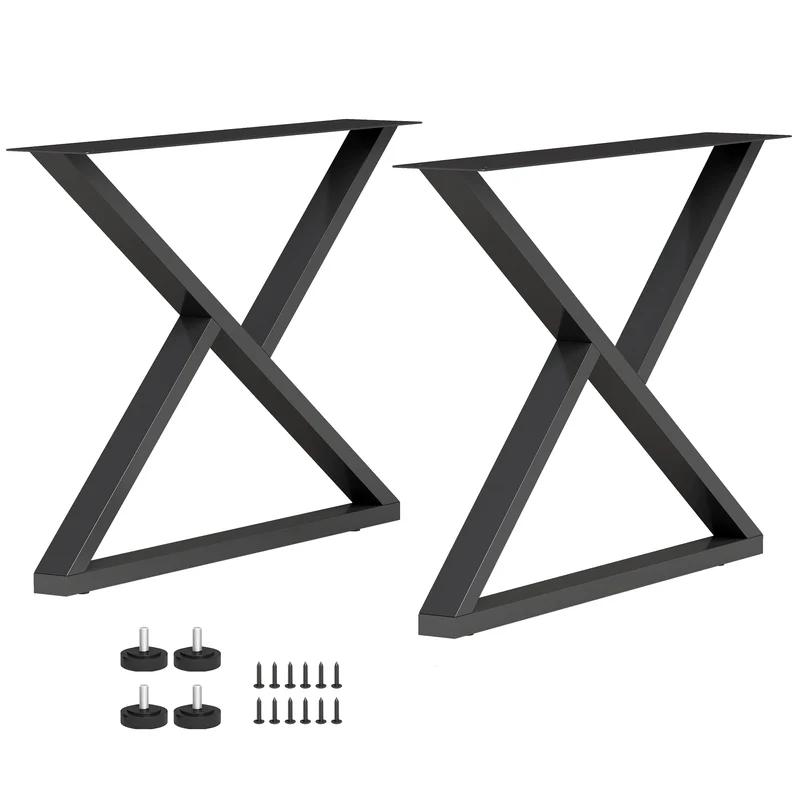 Conjunto 2 Pernas para Mesa em Aço em Forma de X com 12 Parafusos e 4 Pés Reguláveis Estilo Industrial Preto
