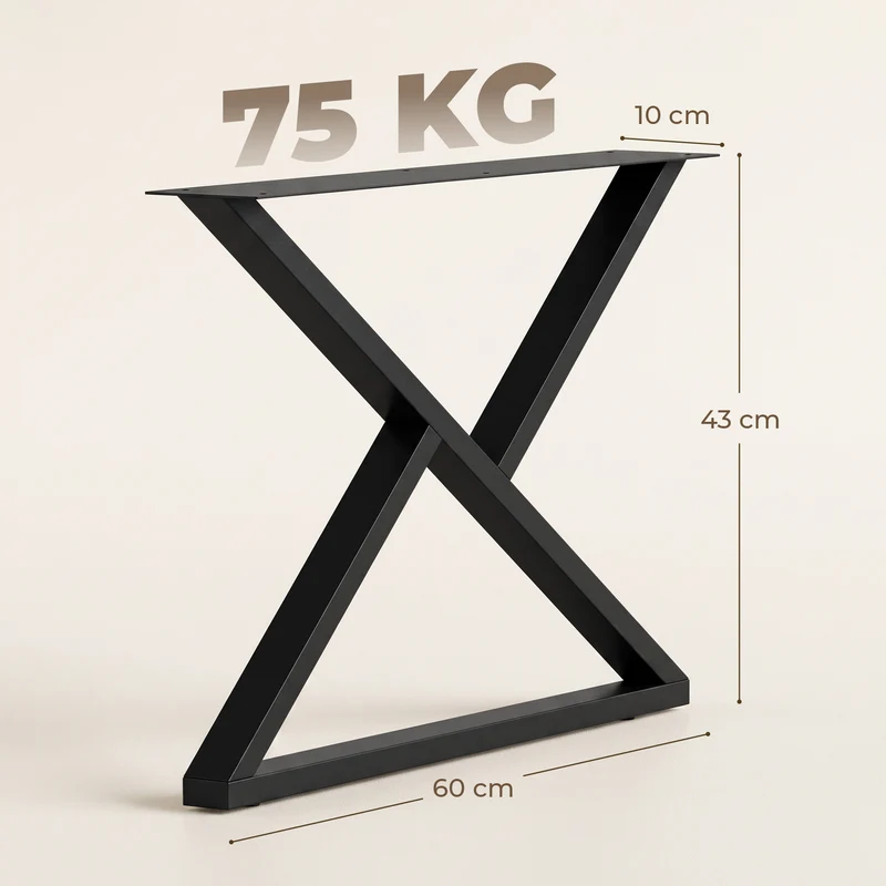Conjunto 2 Pernas para Mesa em Aço em Forma de X com 12 Parafusos e 4 Pés Reguláveis Estilo Industrial Preto