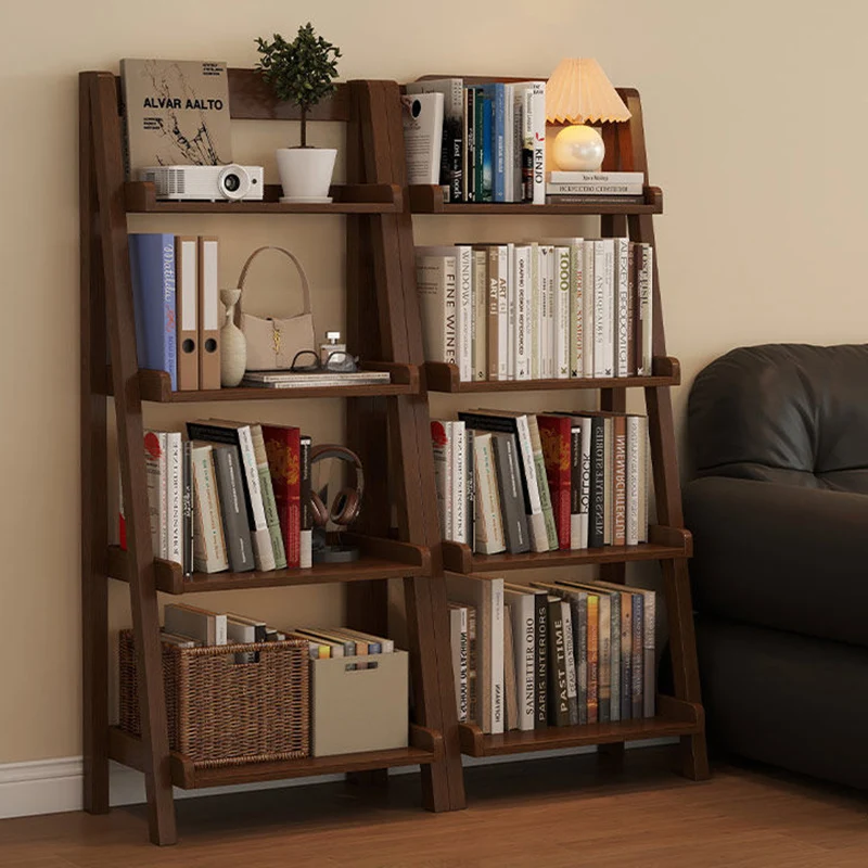 Traditional Japanese Rubberwood Rectangular Triangle Frame Floor-Standing Bookshelf 4-Tier For Living Room & Study