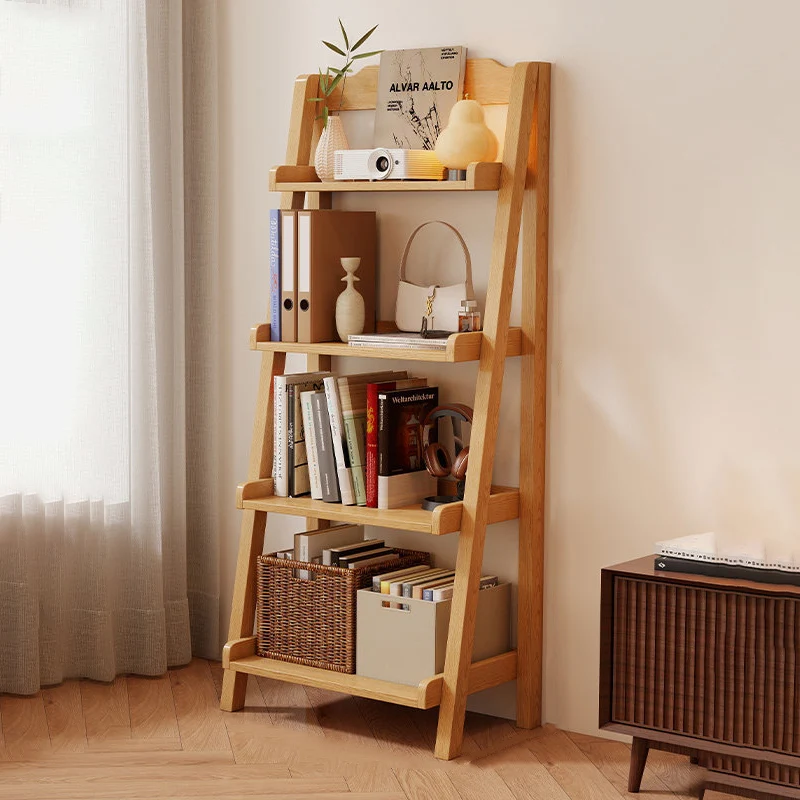 Traditional Japanese Rubberwood Rectangular Triangle Frame Floor-Standing Bookshelf 4-Tier For Living Room & Study