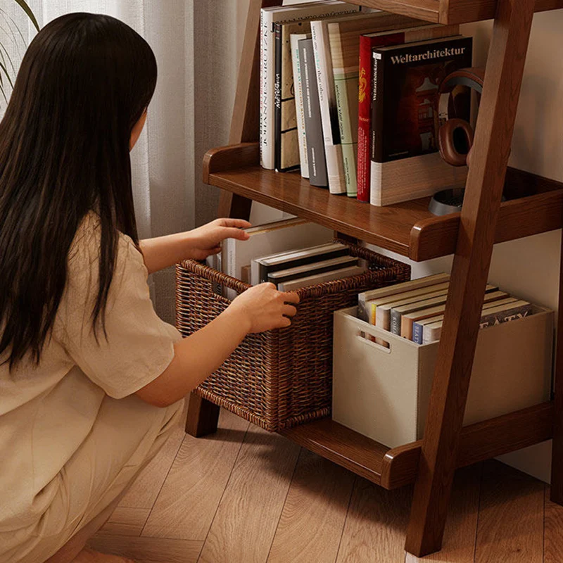 Traditional Japanese Rubberwood Rectangular Triangle Frame Floor-Standing Bookshelf 4-Tier For Living Room & Study