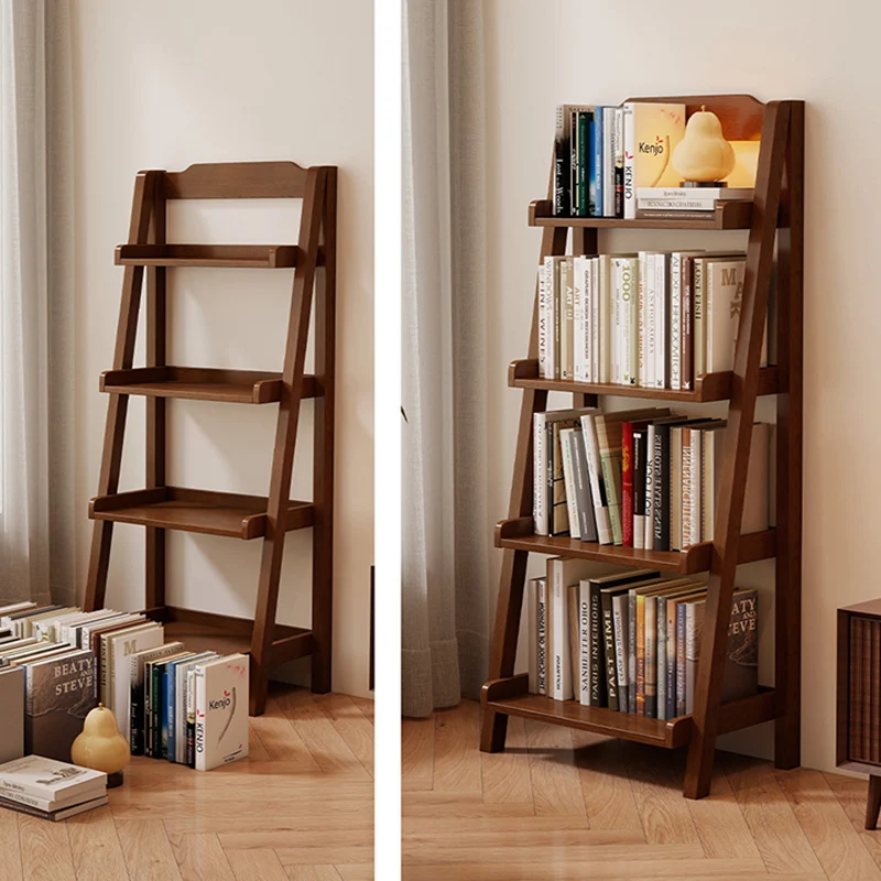 Traditional Japanese Rubberwood Rectangular Triangle Frame Floor-Standing Bookshelf 4-Tier For Living Room & Study