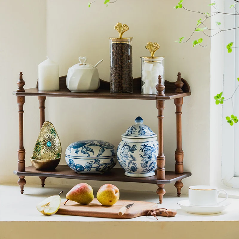 Traditional Vintage Rubberwood Ash Wood Veneer Rectangular Desktop Display Rack 2/3-Layer For Living Room & Bedroom