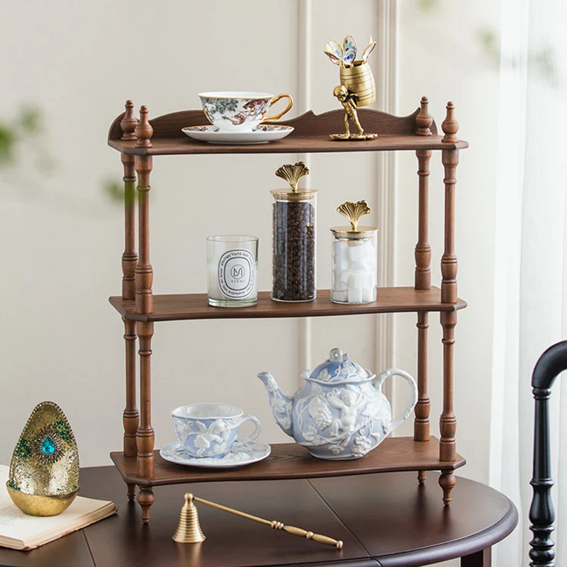 Traditional Vintage Rubberwood Ash Wood Veneer Rectangular Desktop Display Rack 2/3-Layer For Living Room & Bedroom