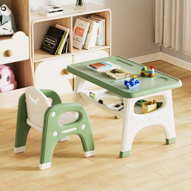 Modern Minimalist PE Geometric Curved Kids Study Desk Chair Set With 2-Tier For Living Room