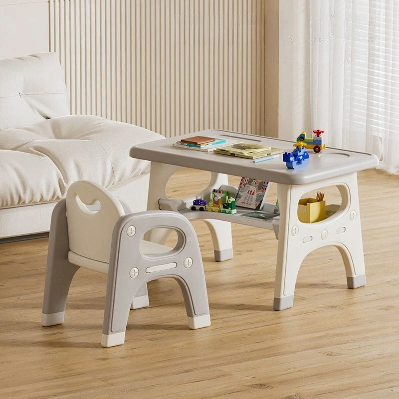 Modern Minimalist PE Geometric Curved Kids Study Desk Chair Set With 2-Tier For Living Room