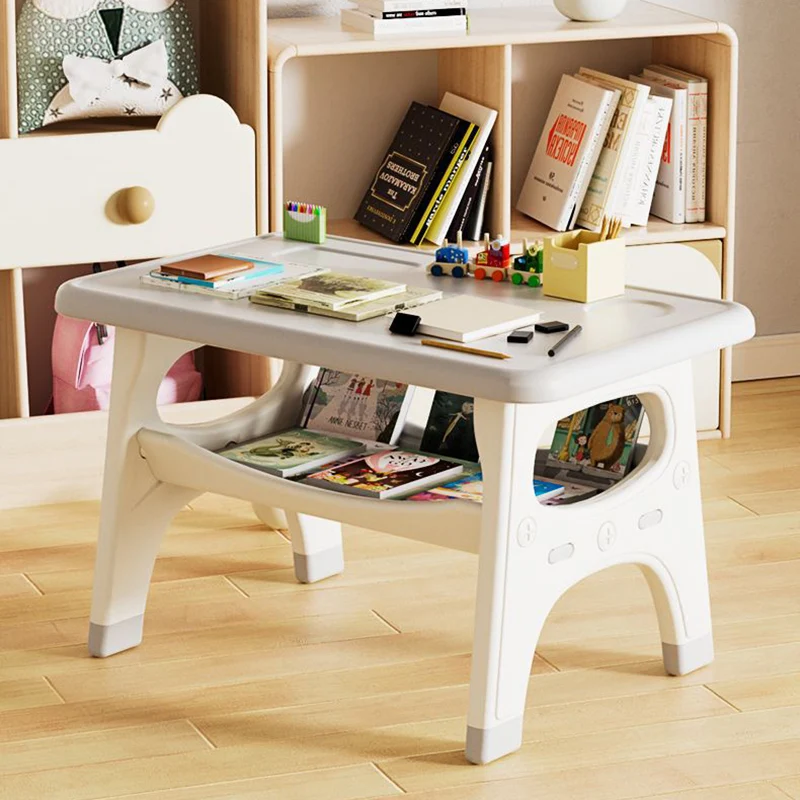 Modern Minimalist PE Geometric Curved Kids Study Desk Chair Set With 2-Tier For Living Room