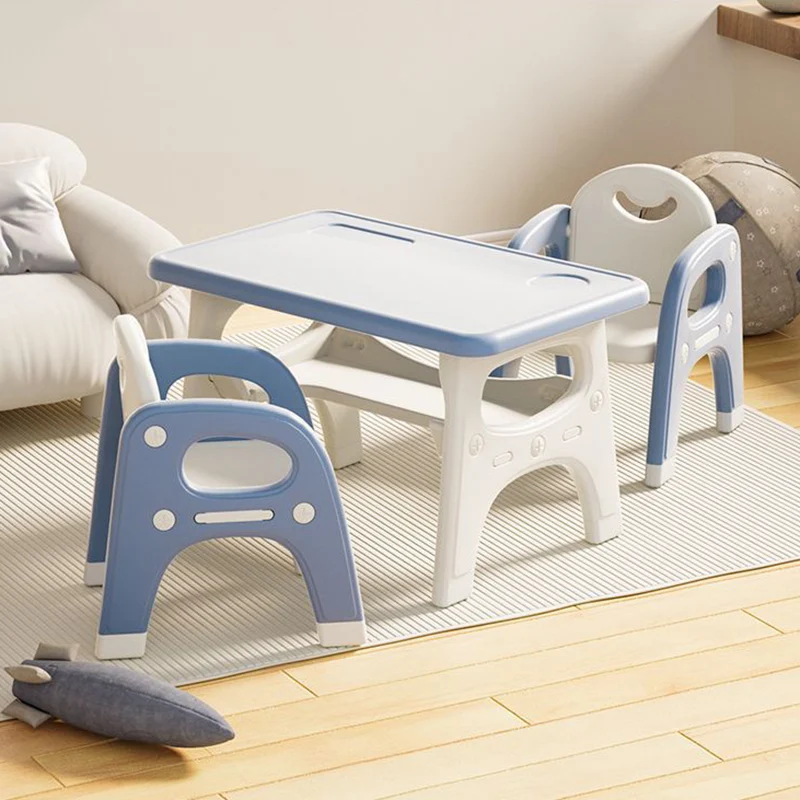 Modern Minimalist PE Geometric Curved Kids Study Desk Chair Set With 2-Tier For Living Room