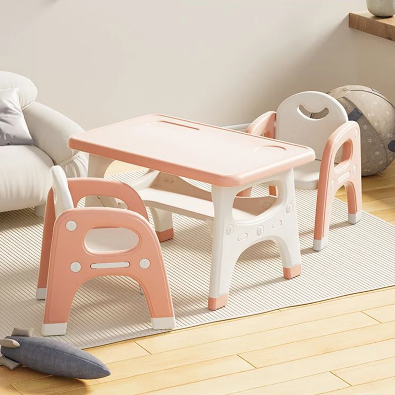 Modern Minimalist PE Geometric Curved Kids Study Desk Chair Set With 2-Tier For Living Room