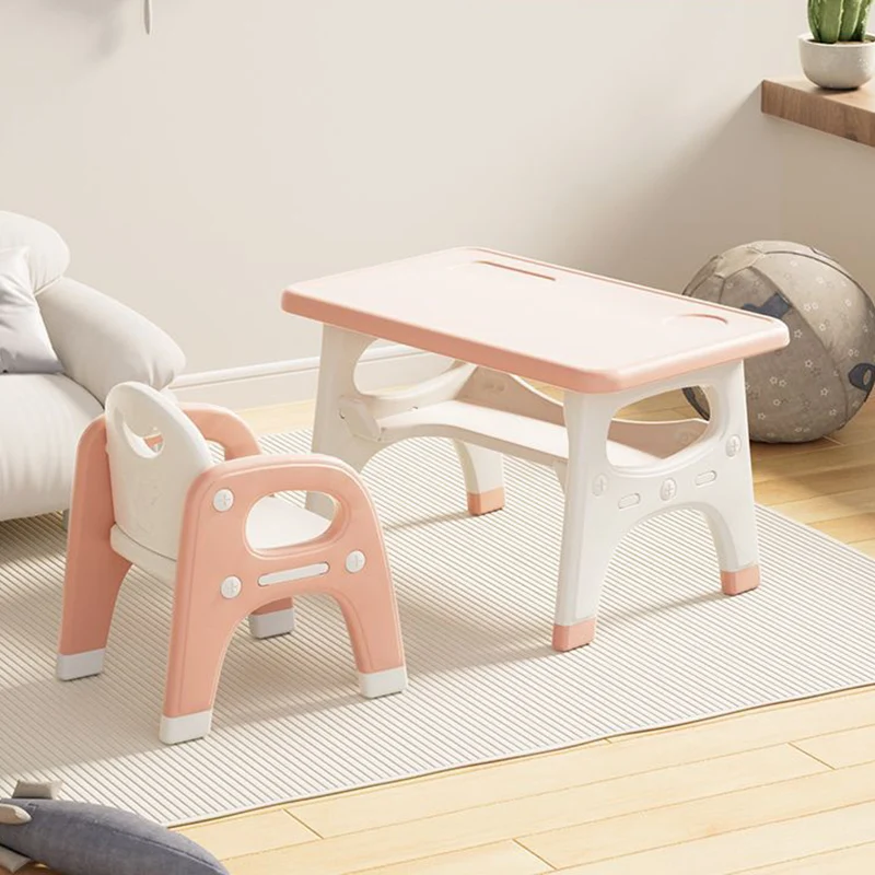 Modern Minimalist PE Geometric Curved Kids Study Desk Chair Set With 2-Tier For Living Room