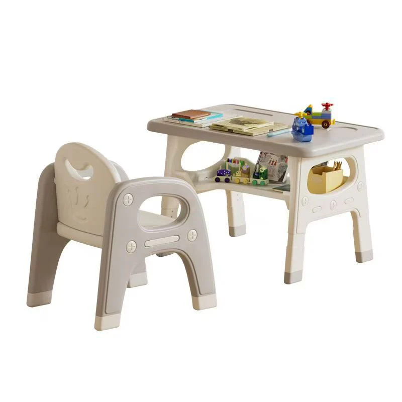 Modern Minimalist PE Geometric Curved Kids Study Desk Chair Set With 2-Tier For Living Room