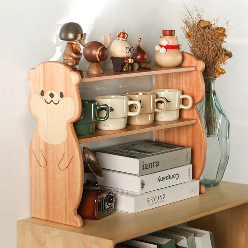 Contemporary Creative Rosewood Maple Otter-Shaped Rectangular Desktop Storage Shelf 2-Tier For Living Room & Entryway