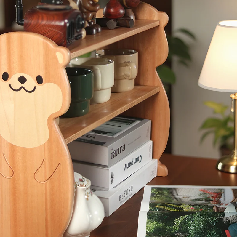 Contemporary Creative Rosewood Maple Otter-Shaped Rectangular Desktop Storage Shelf 2-Tier For Living Room & Entryway