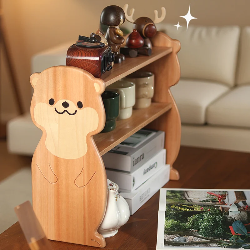 Contemporary Creative Rosewood Maple Otter-Shaped Rectangular Desktop Storage Shelf 2-Tier For Living Room & Entryway