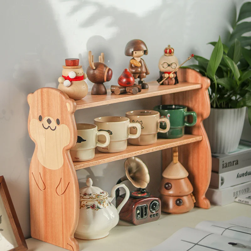 Contemporary Creative Rosewood Maple Otter-Shaped Rectangular Desktop Storage Shelf 2-Tier For Living Room & Entryway