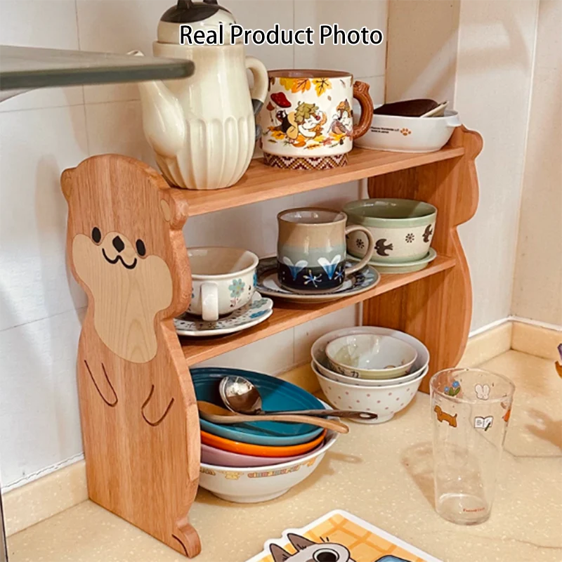 Contemporary Creative Rosewood Maple Otter-Shaped Rectangular Desktop Storage Shelf 2-Tier For Living Room & Entryway