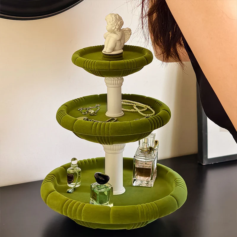 Contemporary Creative Resin Flocked Wishing Fountain-Inspired Design Swivel Desktop Storage Shelf 3-Tier For Perfume, Cosmetics & Aromatherapy For Living Room & Entryway