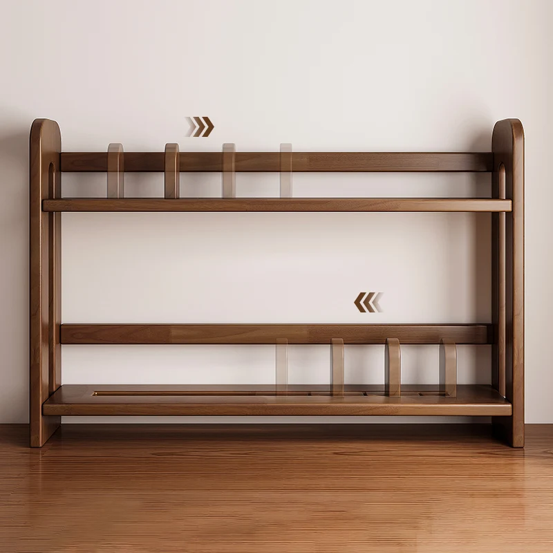 Modern Minimalist Pine Wood Rectangular Adjustable Divider Desktop Storage Shelf 2-Tier For Living Room & Bedroom