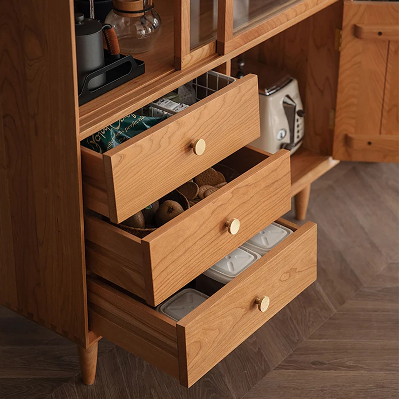 Traditional Japanese Cherry Wood Glass Cylindrical Rectangular Storage Cabinet With 3 Drawers For Living Room