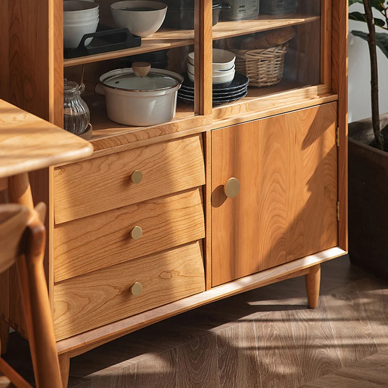 Traditional Japanese Cherry Wood Glass Cylindrical Rectangular Storage Cabinet With 3 Drawers For Living Room
