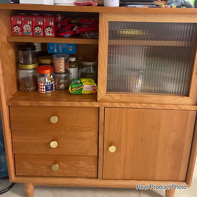 Traditional Japanese Cherry Wood Glass Cylindrical Rectangular Storage Cabinet With 3 Drawers For Living Room
