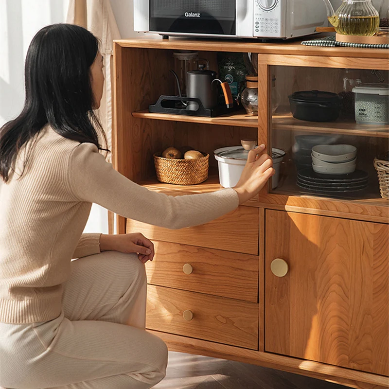Traditional Japanese Cherry Wood Glass Cylindrical Rectangular Storage Cabinet With 3 Drawers For Living Room