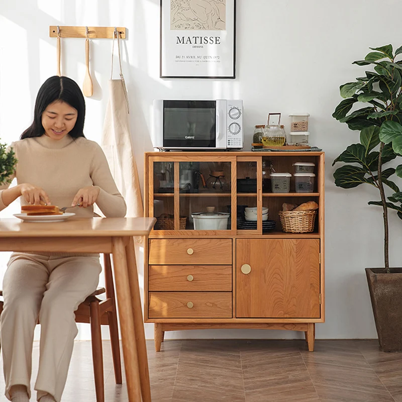 Traditional Japanese Cherry Wood Glass Cylindrical Rectangular Storage Cabinet With 3 Drawers For Living Room