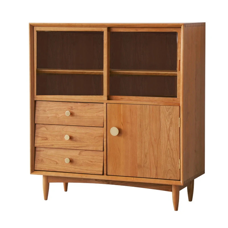Traditional Japanese Cherry Wood Glass Cylindrical Rectangular Storage Cabinet With 3 Drawers For Living Room