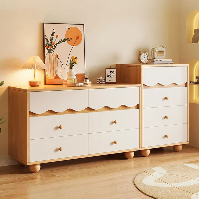 Traditional French Melamine-faced Board Pine Wood Legs Ripple Rectangular Storage Cabinet With 3/4 Drawers For Living Room