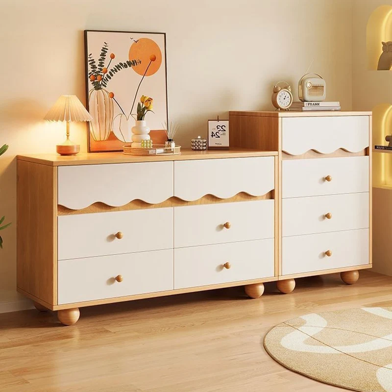 Traditional French Melamine-faced Board Pine Wood Legs Ripple Rectangular Storage Cabinet With 3/4 Drawers For Living Room