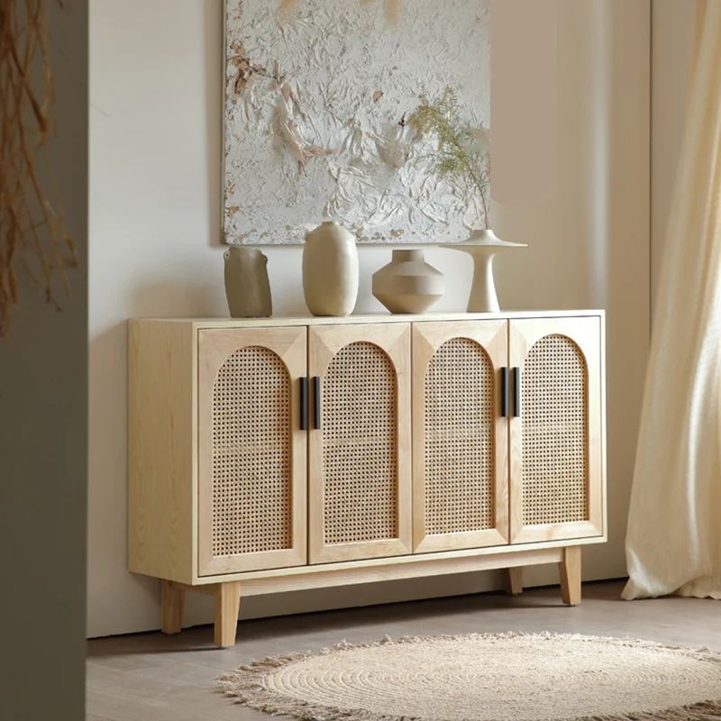Traditional Japanese Ash Wood Rattan Plywood Rectangular Storage Cabinet With 2/3/4 Storage For Living Room