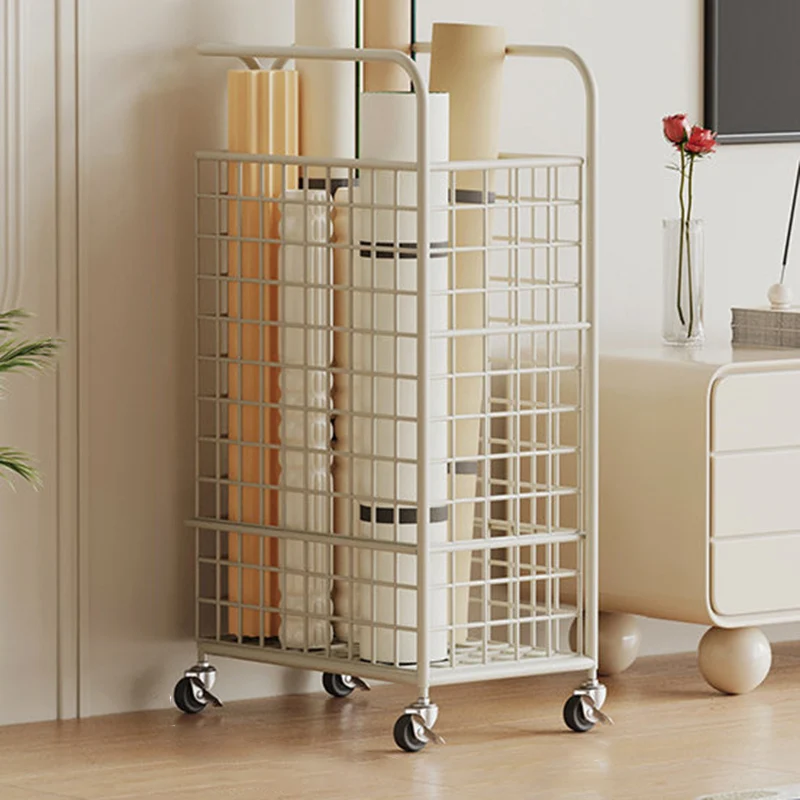 Modern Minimalist Iron Hollow Rectangular Movable Storage Shelf 1-Basket For Living Room