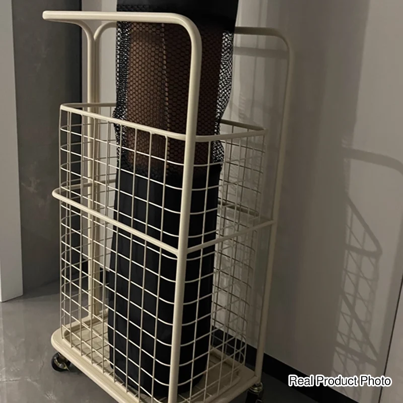 Modern Minimalist Iron Hollow Rectangular Movable Storage Shelf 1-Basket For Living Room