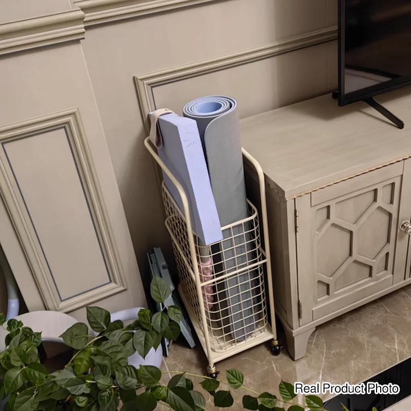 Modern Minimalist Iron Hollow Rectangular Movable Storage Shelf 1-Basket For Living Room