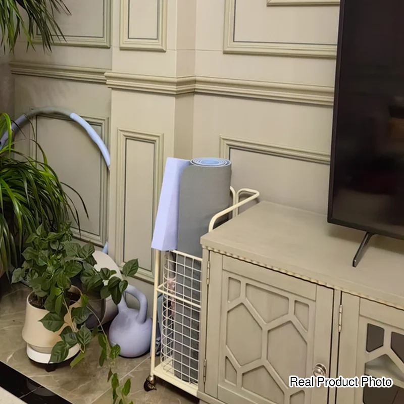 Modern Minimalist Iron Hollow Rectangular Movable Storage Shelf 1-Basket For Living Room