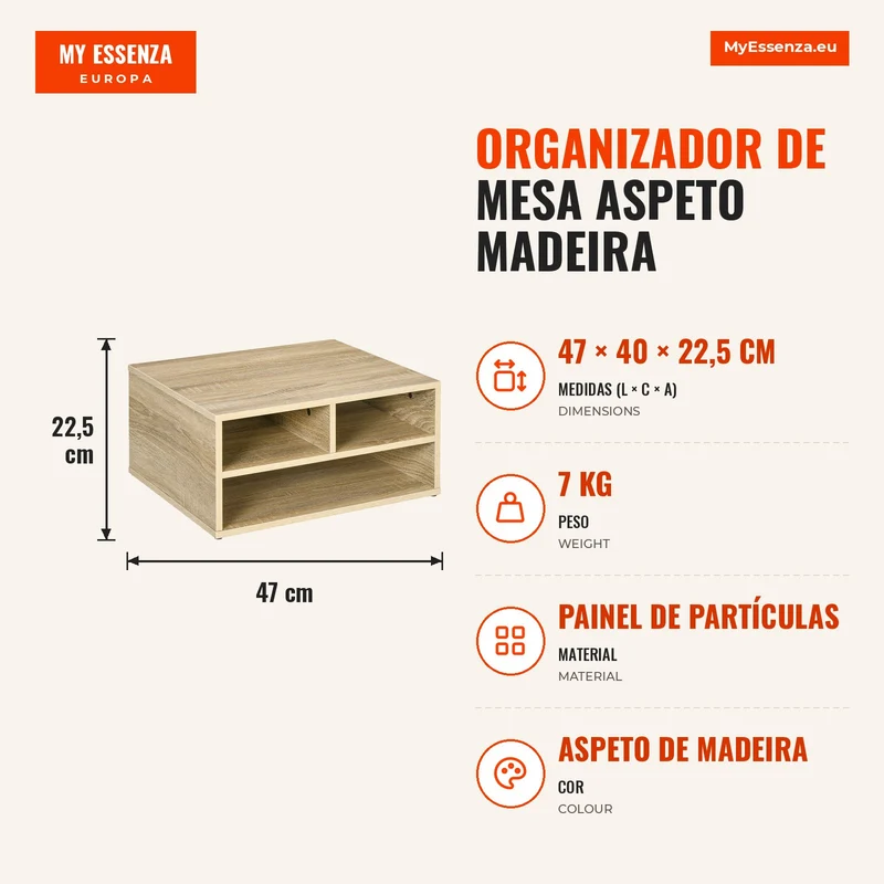Organizador de mesa aspeto madeira com 3 compartimentos, suporte para impressora dim. 47L x 40l x 22,5H cm
