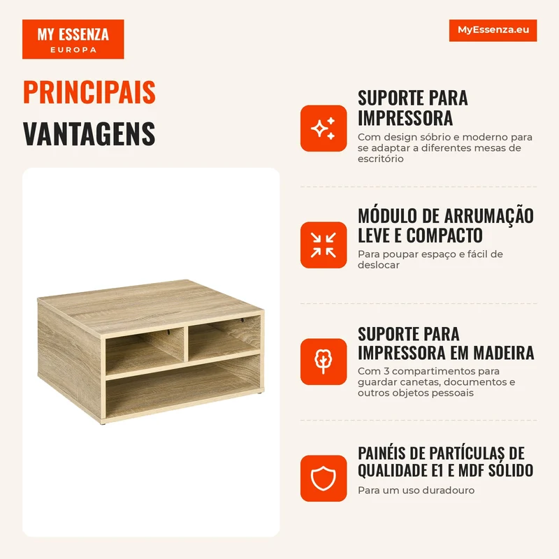 Organizador de mesa aspeto madeira com 3 compartimentos, suporte para impressora dim. 47L x 40l x 22,5H cm