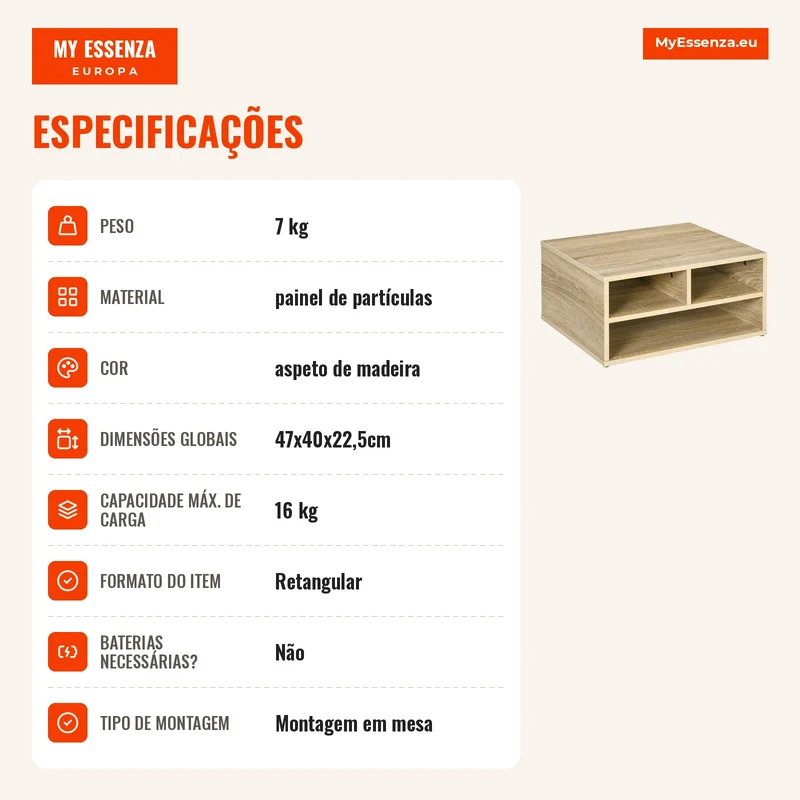 Organizador de mesa aspeto madeira com 3 compartimentos, suporte para impressora dim. 47L x 40l x 22,5H cm