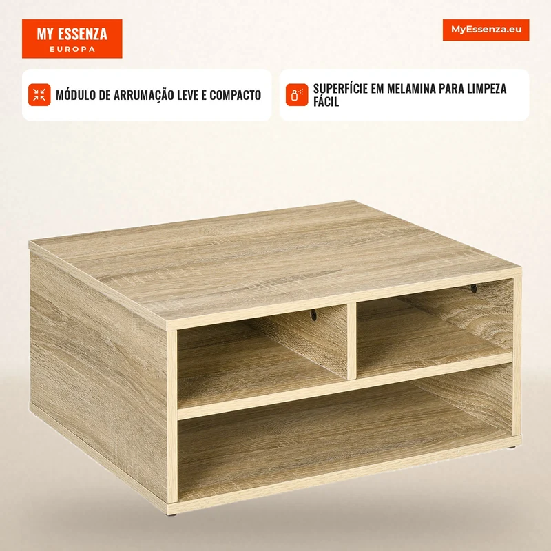 Organizador de mesa aspeto madeira com 3 compartimentos, suporte para impressora dim. 47L x 40l x 22,5H cm