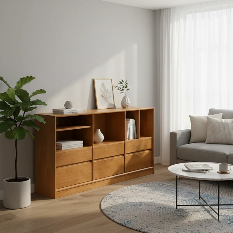 Modern Minimalist Solid Wood & Plywood Rectangular Storage Cabinet With 4/6 Drawers For Living Room