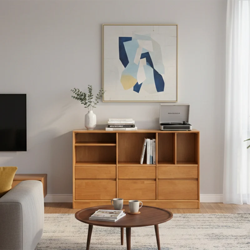 Modern Minimalist Solid Wood & Plywood Rectangular Storage Cabinet With 4/6 Drawers For Living Room