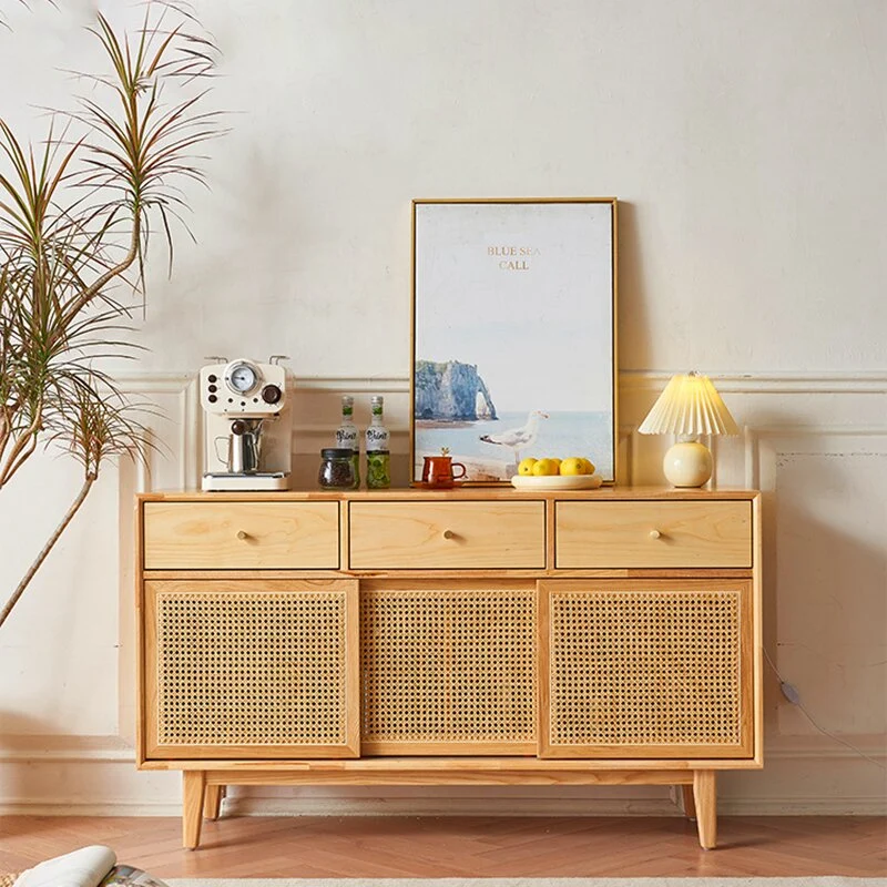 Contemporary Scandinavian Solid Wood Rattan Weaving Rectangular Storage Cabinet 2/3 Drawers & Sliding Doors For Living Room
