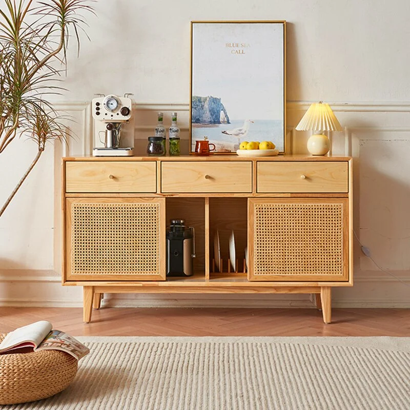 Contemporary Scandinavian Solid Wood Rattan Weaving Rectangular Storage Cabinet 2/3 Drawers & Sliding Doors For Living Room