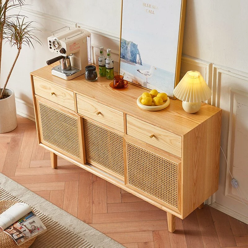 Contemporary Scandinavian Solid Wood Rattan Weaving Rectangular Storage Cabinet 2/3 Drawers & Sliding Doors For Living Room